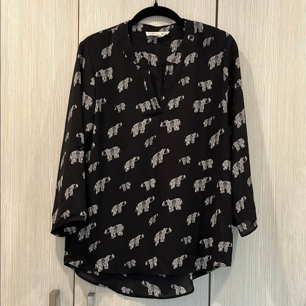 Pink Rose | Elephant Print‎ V-Neck Blouse | Black & White | Medium